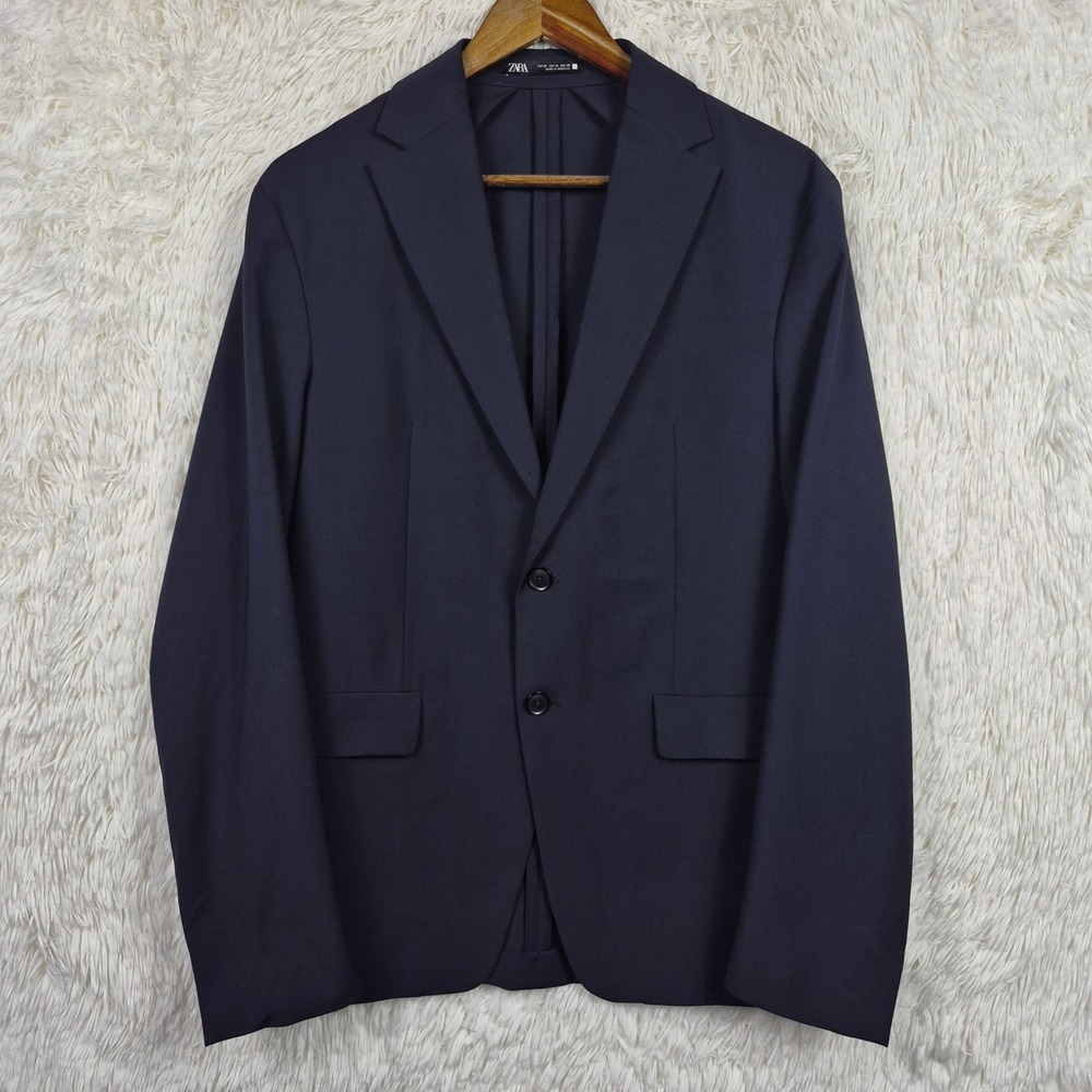 Zara Man Navy Blue Wool Blend Two Button Blazer Jacket Size M Unstructured